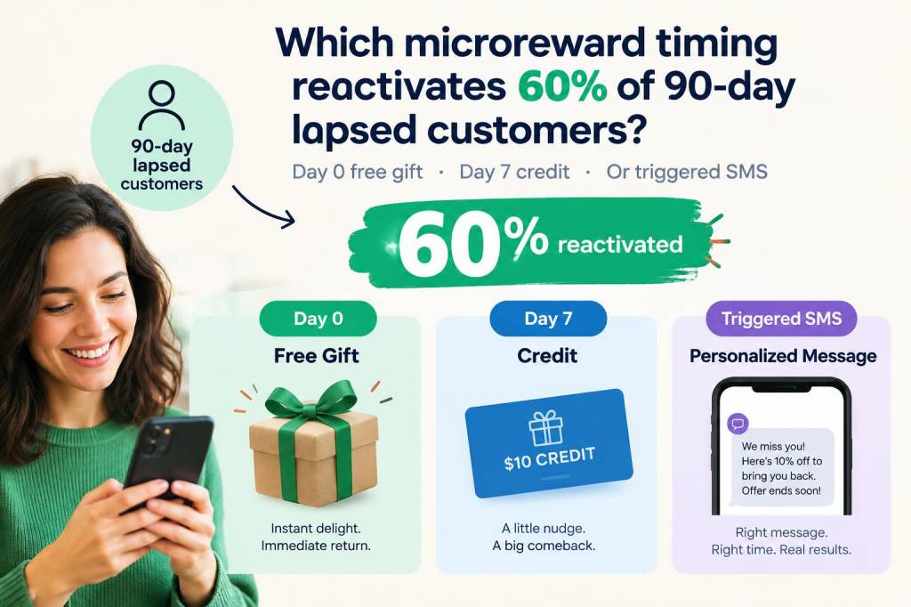 Which microreward timing reactivates 60% of 90‑day lapsed customers: day‑0 free gift, day‑7 credit or triggered sms